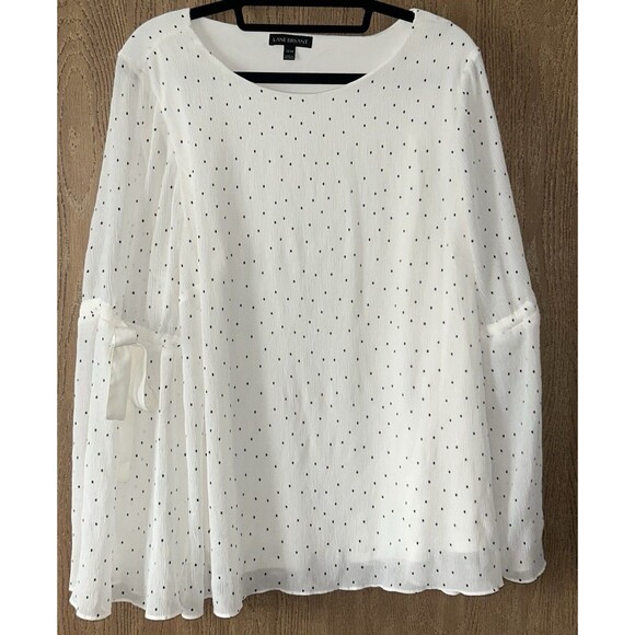 Plus Size 22/24 Long Bell Sleeve White Polka Dot Chiffon Top/blouse Lane Bryant - Picture 3 of 13